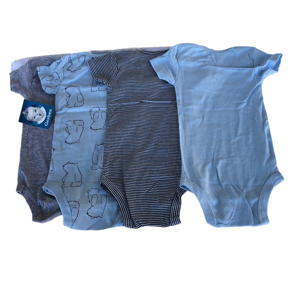 Gerber 4 Pack Onesies Blue/Grey Short Sleeves, Snap Closures, Bodysuits 6-9 Mo - Picture 2 of 11